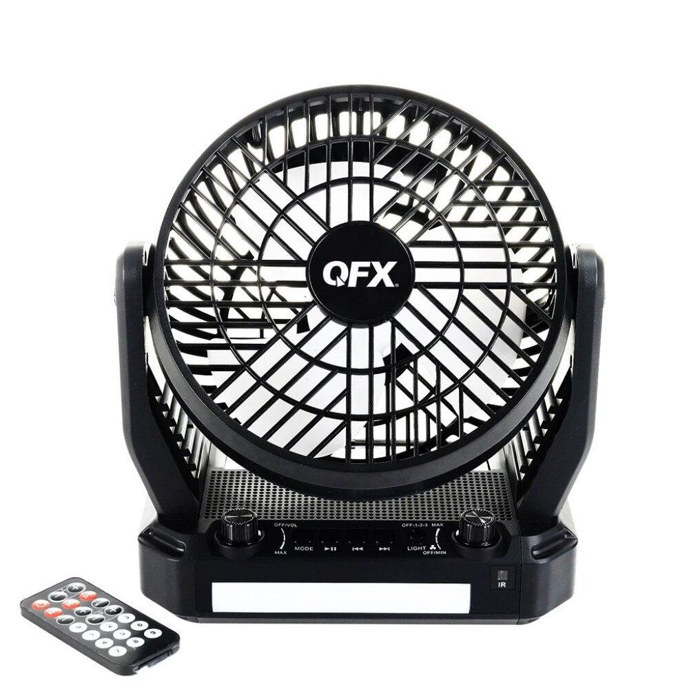QFX Solar Rechargeable Bluetooth Radio + 3-Speed Cooling Fan + 3-Level LED Light